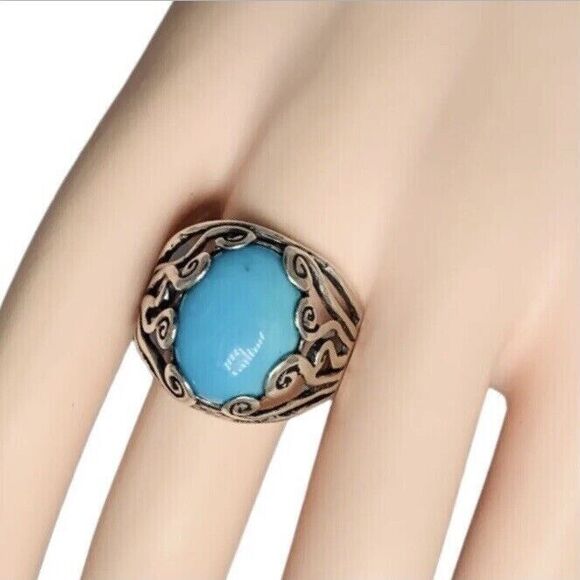 Blue Turquoise 925 Sterling Silver Ring Size 10 Firoza Israel Cabochon - Picture 5 of 16